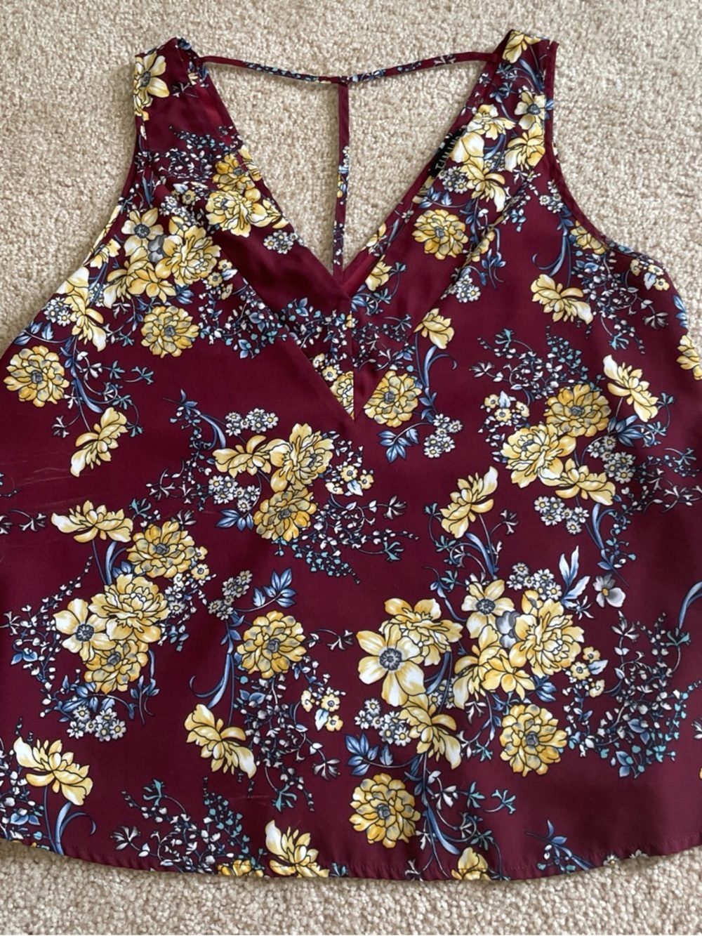 Timing Burgundy Floral V-Neck Cami with Yellow Blooms